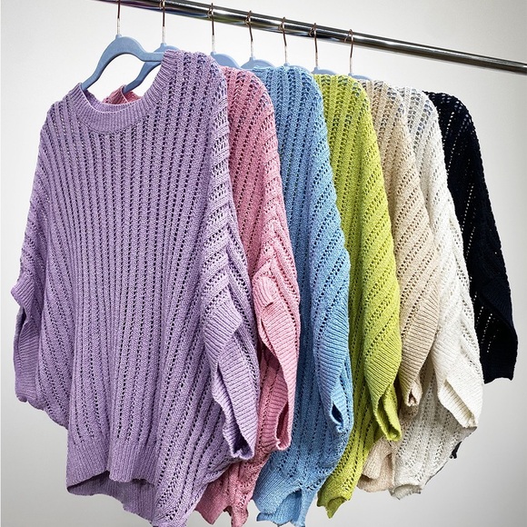 EESOME Crochet Knit Open Weave Dolman Short Sleeve Boho Top In Lavender Purple - Picture 5 of 6